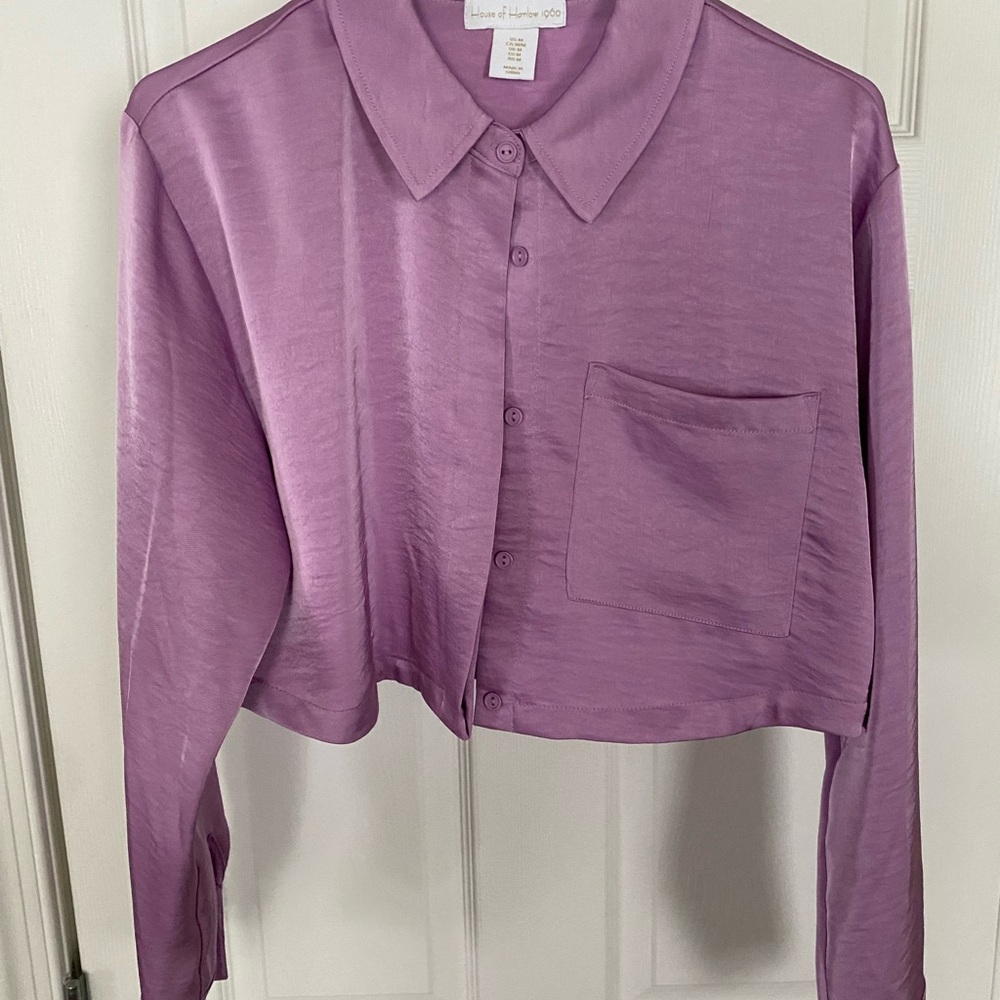 House of Harlow 1960 Purple Boxy Crop Button Down Shirt